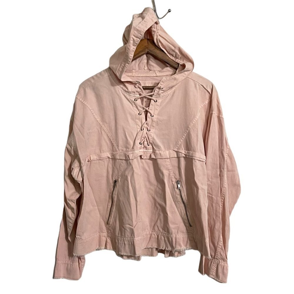 American Eagle Womens Pink Lace Up Neck Hooded Raw Hem Zipper Pockets Jacket XL
